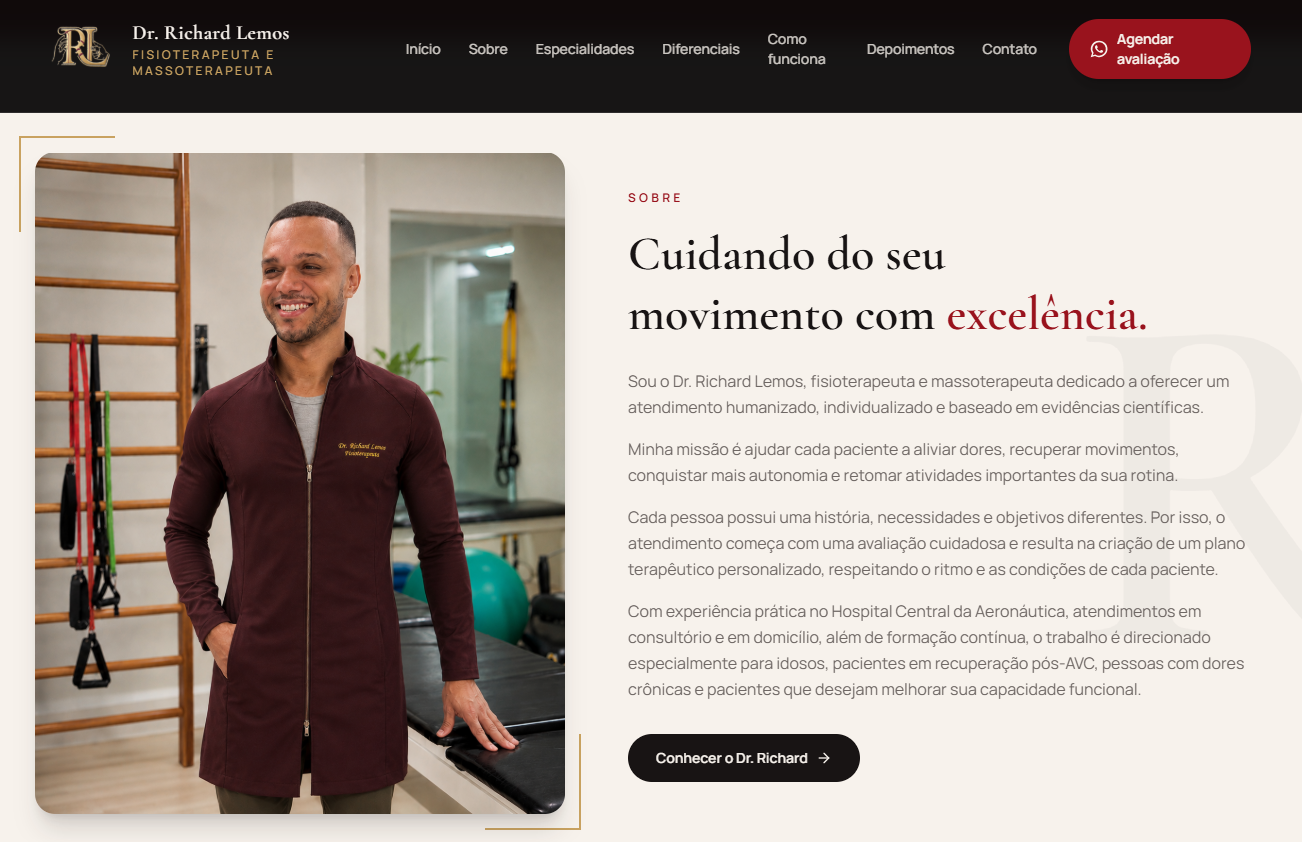 Página profissional de fisioterapia do Dr. Richard Lemos